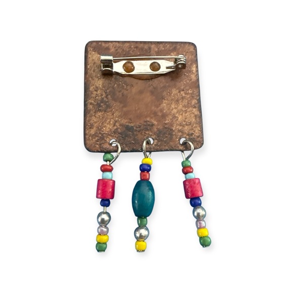 Ethnic Abstract Brooch w/ Wood & Seed Beaded Dangles/ Tassels - Articulated - Picture 3 of 3